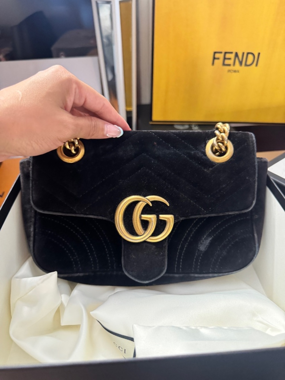 Gucci Black Velvet Shoulder Bag with Gold Double G